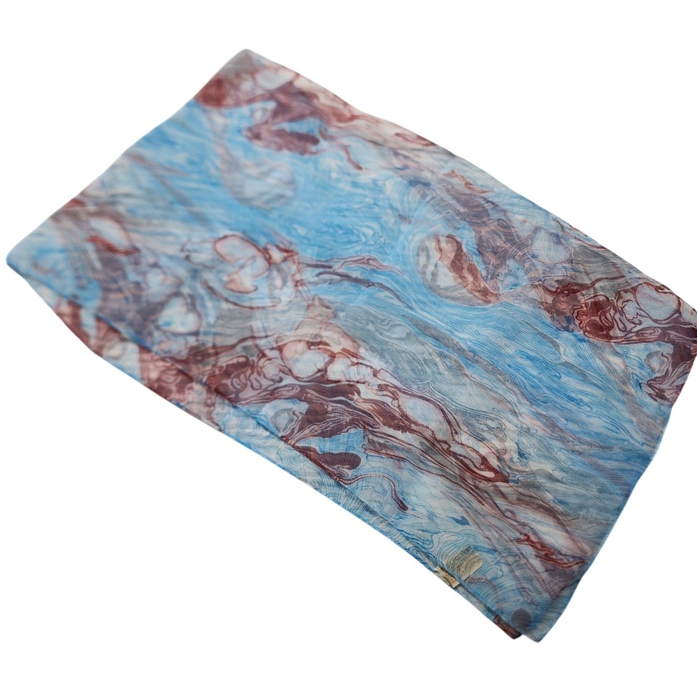 Vintage Blue Brown Marble Print Sheer Scarf Rectangular Made in Japan 44x13